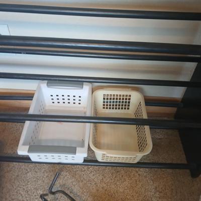 Shoe Rack with Assorted Baskets and Wooden Shoe Stretchers
