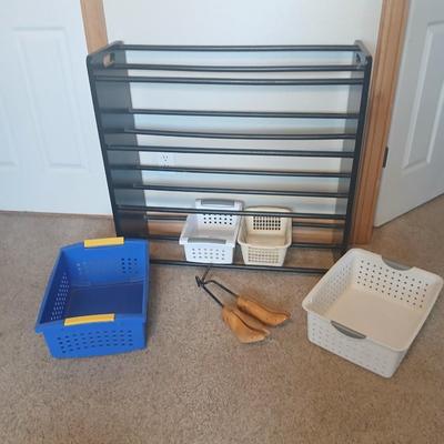 Shoe Rack with Assorted Baskets and Wooden Shoe Stretchers