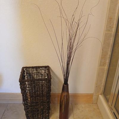 Decorative Brown Wicker Basket and Tall Vase with dried grass