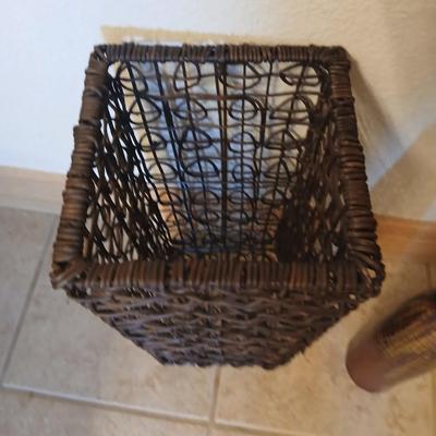 Decorative Brown Wicker Basket and Tall Vase with dried grass