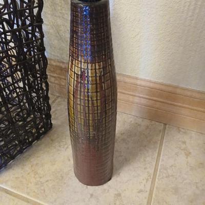 Decorative Brown Wicker Basket and Tall Vase with dried grass