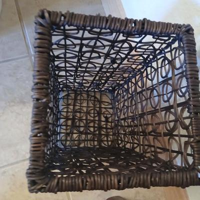 Decorative Brown Wicker Basket and Tall Vase with dried grass