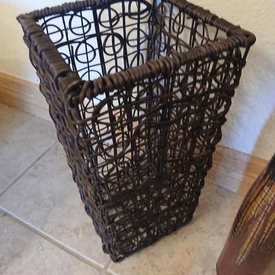 Decorative Brown Wicker Basket and Tall Vase with dried grass