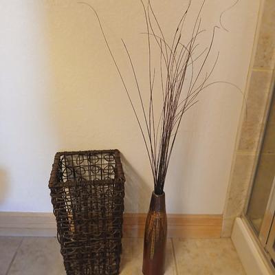 Decorative Brown Wicker Basket and Tall Vase with dried grass
