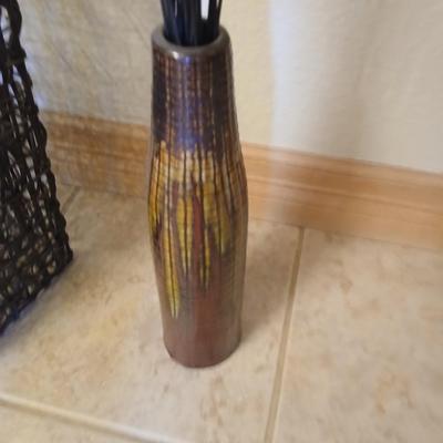 Decorative Brown Wicker Basket and Tall Vase with dried grass