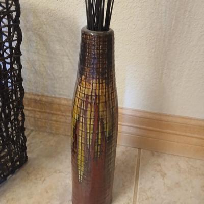 Decorative Brown Wicker Basket and Tall Vase with dried grass