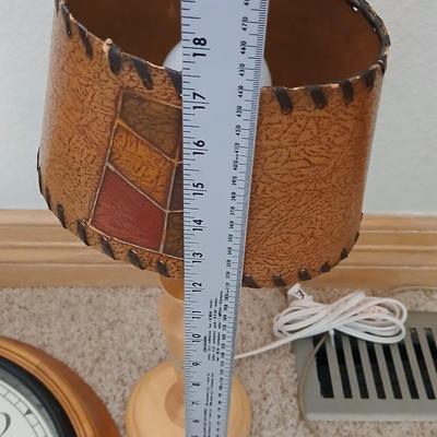 Rustic Table Lamp Pair with Faux Leather Shades + Wall Clock