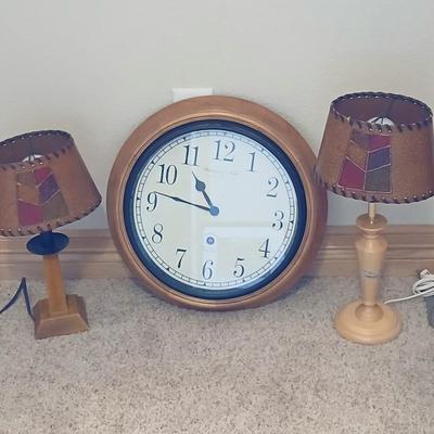 Rustic Table Lamp Pair with Faux Leather Shades + Wall Clock