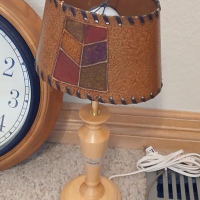 Rustic Table Lamp Pair with Faux Leather Shades + Wall Clock