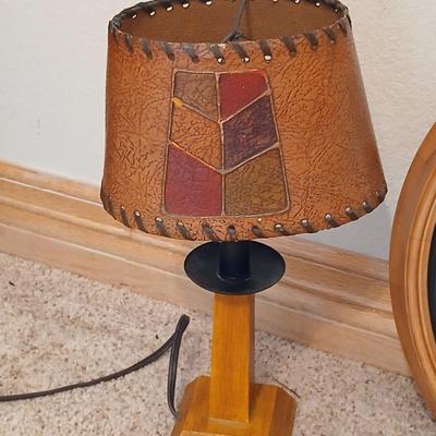 Rustic Table Lamp Pair with Faux Leather Shades + Wall Clock
