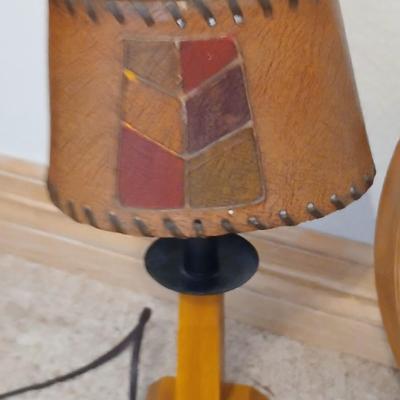 Rustic Table Lamp Pair with Faux Leather Shades + Wall Clock