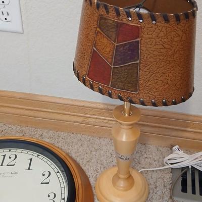 Rustic Table Lamp Pair with Faux Leather Shades + Wall Clock