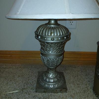 Ornate Silver colored Table Lamp with Classic Shade + Embossed Silver colored Waste Bin