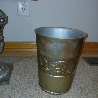 Ornate Silver colored Table Lamp with Classic Shade + Embossed Silver colored Waste Bin