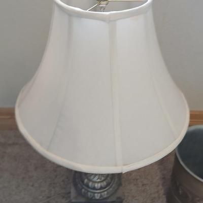 Ornate Silver colored Table Lamp with Classic Shade + Embossed Silver colored Waste Bin