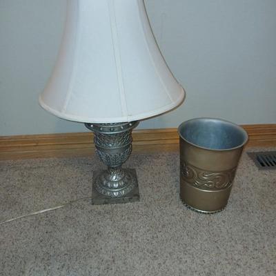 Ornate Silver colored Table Lamp with Classic Shade + Embossed Silver colored Waste Bin