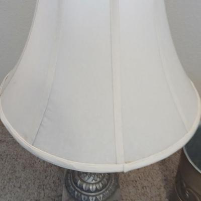 Ornate Silver colored Table Lamp with Classic Shade + Embossed Silver colored Waste Bin