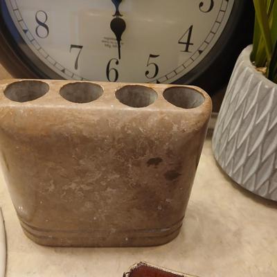 Bathroom Decor Lot – Basket, Clock & wicker waste basket, faux plant, and other accessories