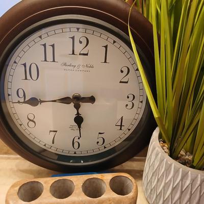 Bathroom Decor Lot – Basket, Clock & wicker waste basket, faux plant, and other accessories