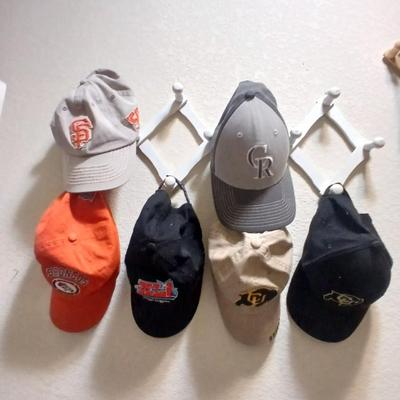 6 Sports Team Baseball Caps with wooden holder