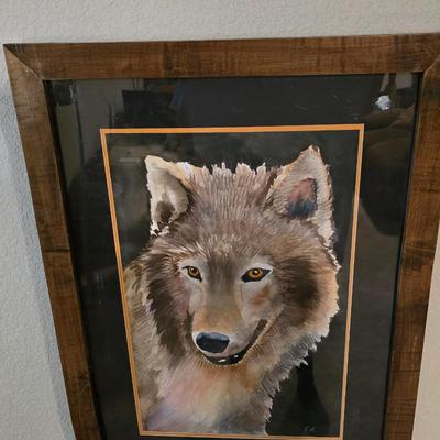 Framed Wolf Portrait & Large Wall Clock (2-Piece Lot)
