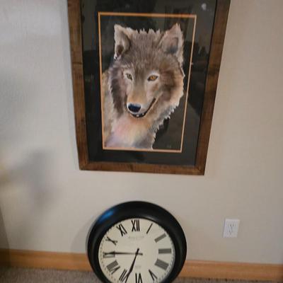 Framed Wolf Portrait & Large Wall Clock (2-Piece Lot)