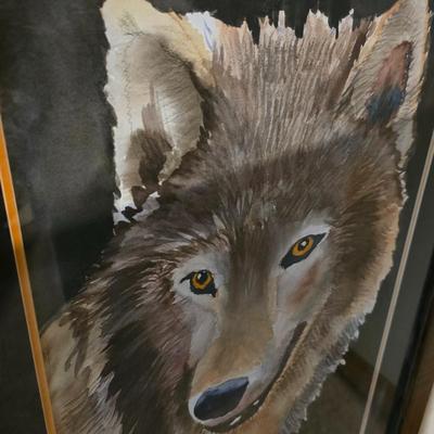 Framed Wolf Portrait & Large Wall Clock (2-Piece Lot)