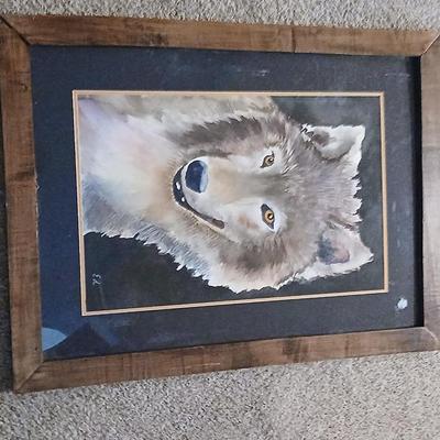 Framed Wolf Portrait & Large Wall Clock (2-Piece Lot)