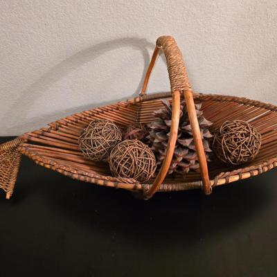 Signed Fall Foliage Aspen Print & Wicker Fish Basket Decor