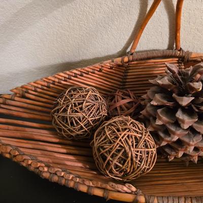 Signed Fall Foliage Aspen Print & Wicker Fish Basket Decor