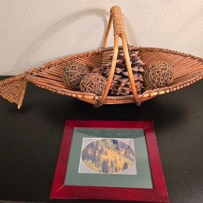 Signed Fall Foliage Aspen Print & Wicker Fish Basket Decor