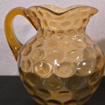Vintage Amber Glass Pitcher & Lidded Jar Set - Hobnail & Pressed Glass Decor!