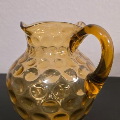 Vintage Amber Glass Pitcher & Lidded Jar Set - Hobnail & Pressed Glass Decor!