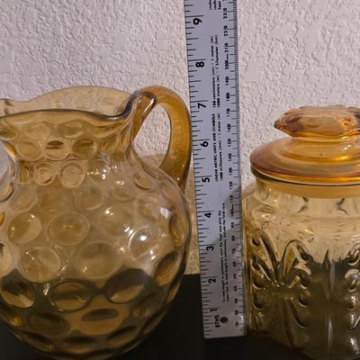 Vintage Amber Glass Pitcher & Lidded Jar Set - Hobnail & Pressed Glass Decor!