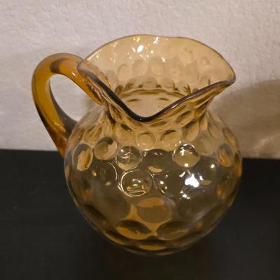Vintage Amber Glass Pitcher & Lidded Jar Set - Hobnail & Pressed Glass Decor!