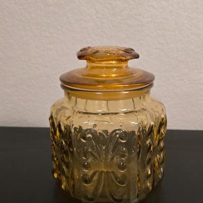 Vintage Amber Glass Pitcher & Lidded Jar Set - Hobnail & Pressed Glass Decor!