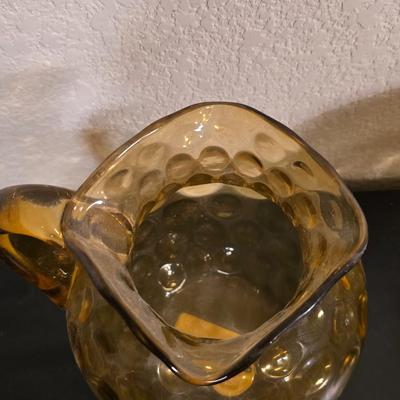 Vintage Amber Glass Pitcher & Lidded Jar Set - Hobnail & Pressed Glass Decor!