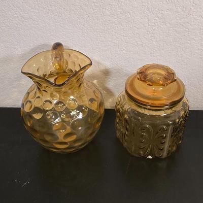 Vintage Amber Glass Pitcher & Lidded Jar Set - Hobnail & Pressed Glass Decor!