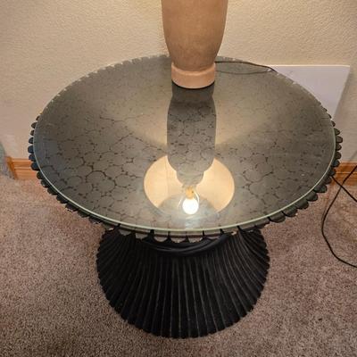 Decorative Black or dark blue Pedestal Side Table with Glass Top & 24" Table Lamp