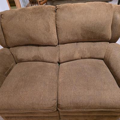 Brown Herringbone Upholstered Loveseat Recliner – Needs Repair
