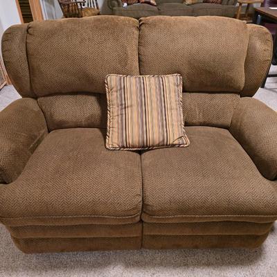 Brown Herringbone Upholstered Loveseat Recliner – Needs Repair