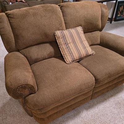 Brown Herringbone Upholstered Loveseat Recliner – Needs Repair