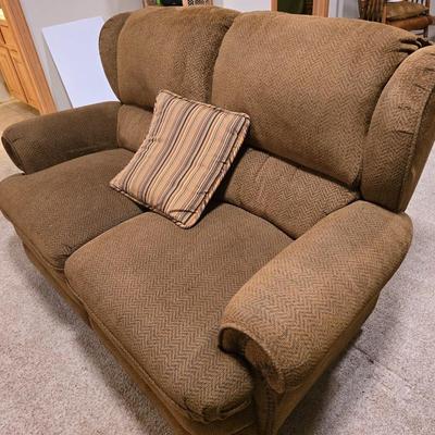 Brown Herringbone Upholstered Loveseat Recliner – Needs Repair