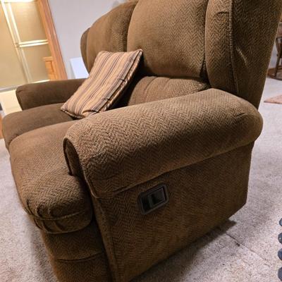 Brown Herringbone Upholstered Loveseat Recliner – Needs Repair