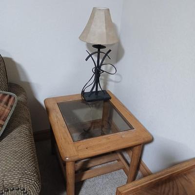 Oak & Glass Side Table with Black Iron Lamp