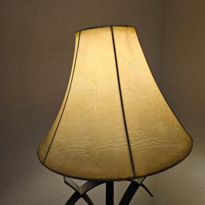 Oak & Glass Side Table with Black Iron Lamp