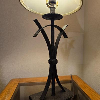 Oak & Glass Side Table with Black Iron Lamp