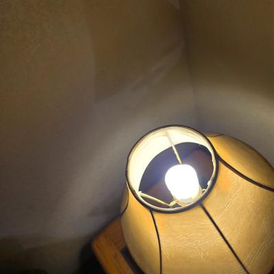 Oak & Glass Side Table with Black Iron Lamp