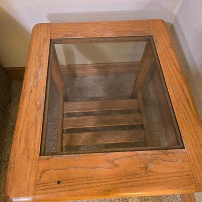 Oak & Glass Side Table with Black Iron Lamp