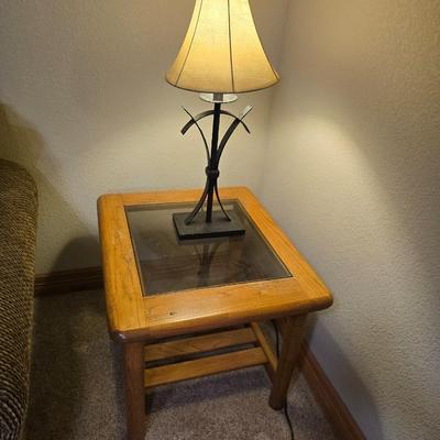 Oak & Glass Side Table with Black Iron Lamp